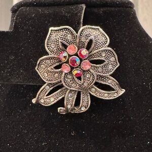 Vintage Elegant Floral Silver and Pink Brooch